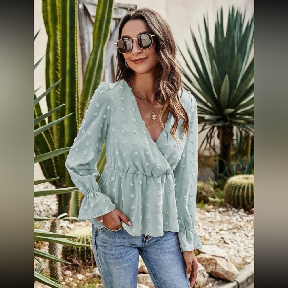 Adorable light blue dotted long sleeve blouse